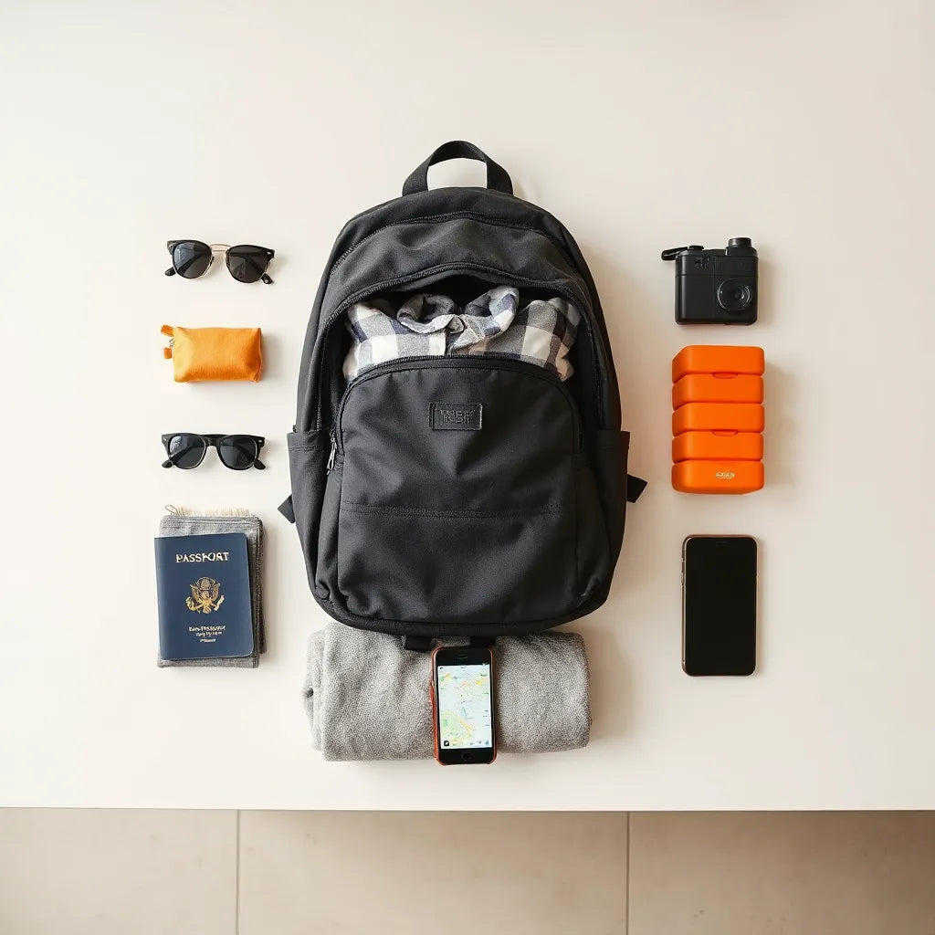 Neatly packed travel essentials including a carry-on backpack, passport cover, toiletry kit, packing cubes, and sunglasses.