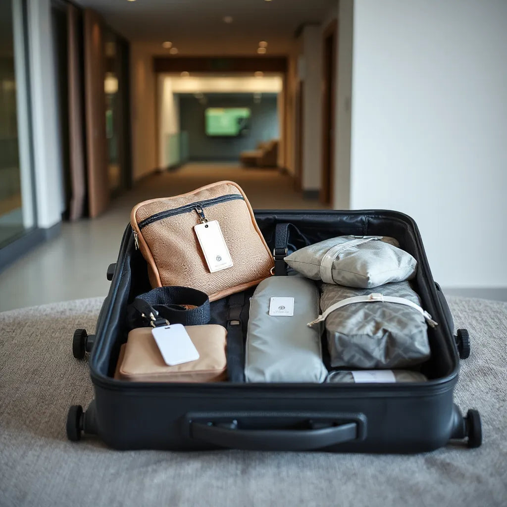 Open suitcase with packing cubes, compression strap, luggage tag, and cable organizer neatly arranged.