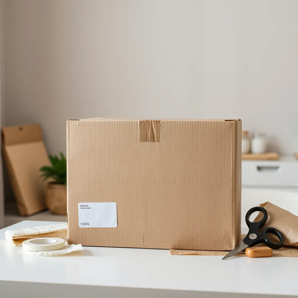 Cardboard shipping box with protective inserts and cushioning materials laid out on a clean packing table