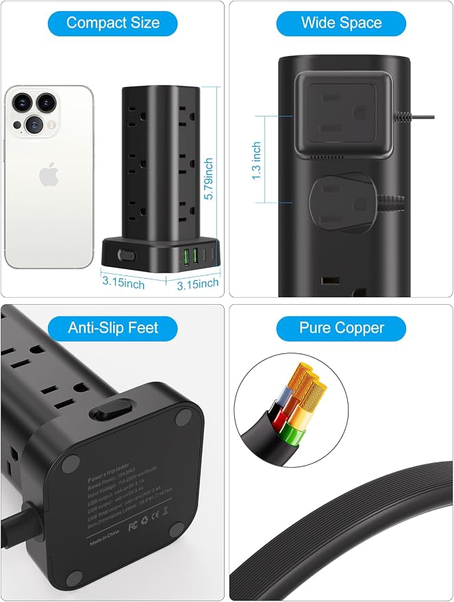 Power Strip Tower with Wireless Charger, Flat Plug Surge Protector Tower with - Image 7