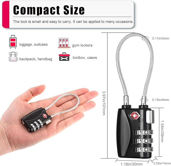 ZHEGE Luggage Lock TSA Approved 3 Digit Travel Cable Padlock - Image 5