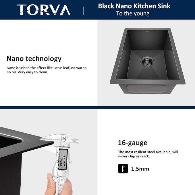 TORVA Bar Sink, TORVA 14 x 18 Inch Undermount Kitchen Sink, Gloss Black PVD - Image 7