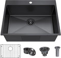 25x22 Inch Black Drop In Kitchen Sink, 25 Inch Gunmetal Black Kitchen Sink Top by Winnpex