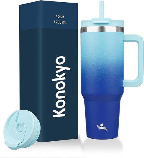 40 oz Tumbler with Handle and 2 Straws, 2 in 1 Lid Insulated Water Bottle by Konokyo