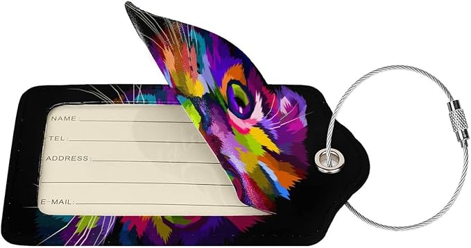 Cute Cat Leather Luggage Tags for Adults Teens, 2 Pack Colorful Art Kitten - Image 2