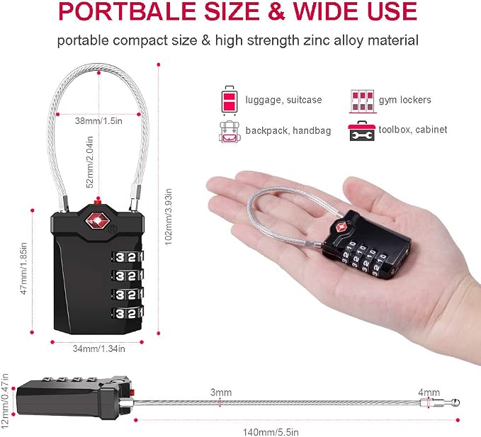 ZHEGE TSA Approved Locks for Luggage, Cable Locks - Image 5