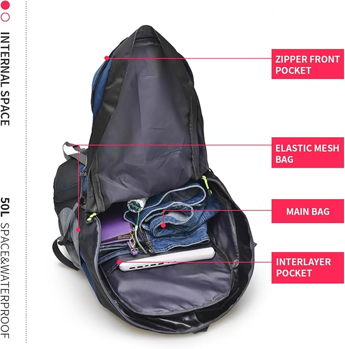 Bseash 50L Hiking Backpack, Water Resistant Lightweight Outdoor Sport Daypack - Image 5