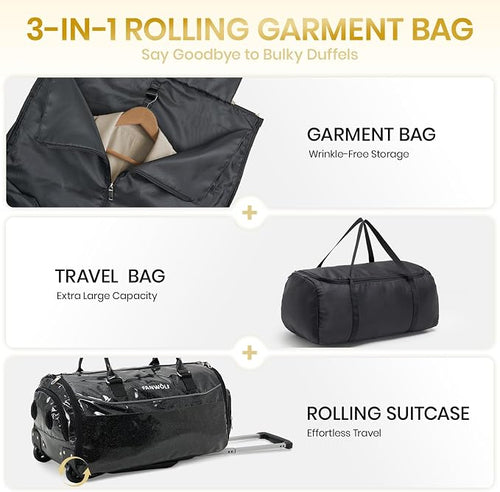 3-in-1 Rolling Garment Bags for Travel, Glitter Wheeled Carry-On Suit Luggage - Image 2