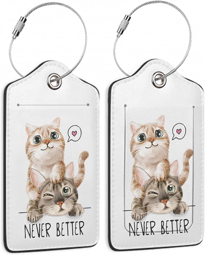 Cute Cat Luggage Tags for Suitcases, 2 Pack, Never Better Luggage Tag, Leather by TXIANT
