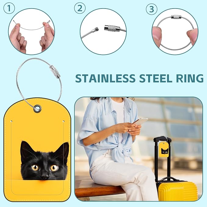 Black Cat Luggage Tag for Suitcase Set of 2 PU Leather Cute Luggage Tags - Image 3