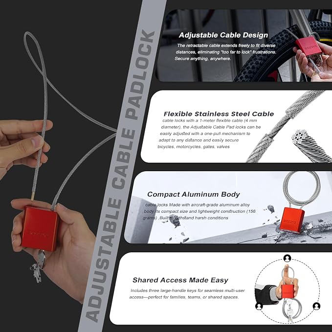 Adjustable Cable Locks with 3 Keys | 3.28ft L x 1/6in D Aluminum Steel Cable - Image 4