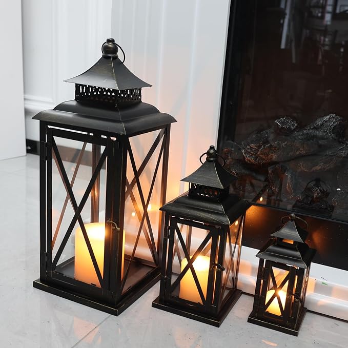 DECORKEY 3PCS Lanterns Decorative Indoor & Outdoor, Vintage Metal Frame Candle - Image 2