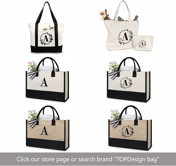 TOPDesign Personalized Initial Jute/Canvas Beach Bag, Monogrammed Gift Tote Bag - Image 6