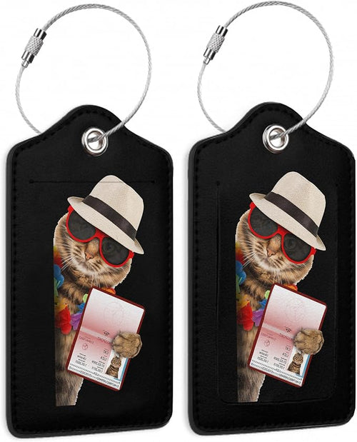 2 Pack Leather Luggage Tag for Suitcase Funny Cat Passport Airline Ticket by TXIANT