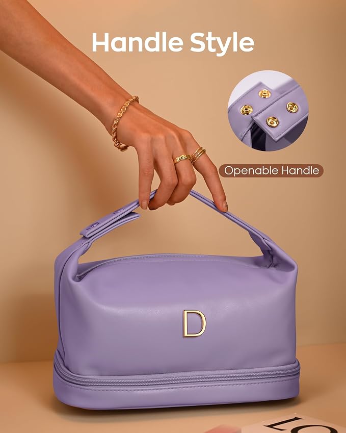 Personalized Makeup Bag with Handle, Initial Double Layer Cosmetic Bag with - Image 3