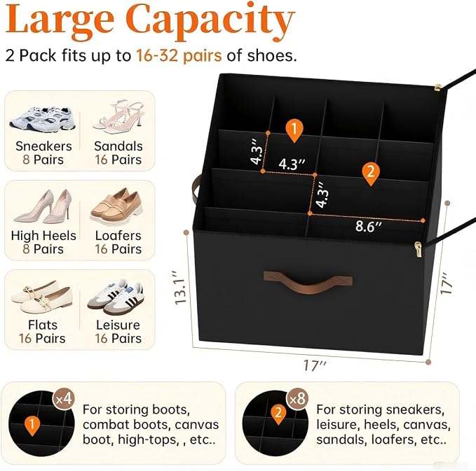 3 Pack Shoe Organizer for Closet, Foldable Shoe Storage Containers, Fits up to - Image 2