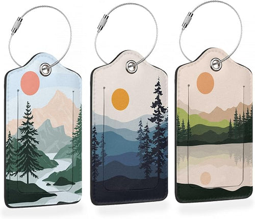 3 Pcs Luggage Tag for Suitcases, Mountain and Tree Sunset Landscape Leather by Oeaskly