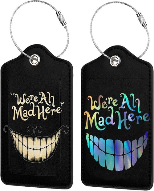 2 Pack Luggage Tags for suitcases Funny Cute Smiley Face We're All Mad Here by Wvpslak