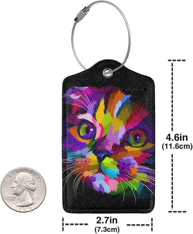 Cute Cat Leather Luggage Tags for Adults Teens, 2 Pack Colorful Art Kitten - Image 4