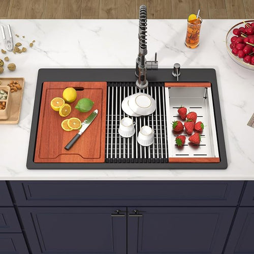 33 Inch Drop in Granite Composite Black Kitchen Sink-Donsdey Double Bowl - Image 2