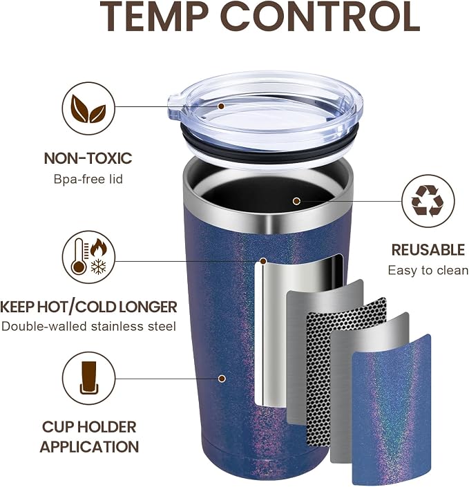 MEWAY 20oz Tumbler 8 Pack Double Wall Vacuum Insulated Travel Glitter Mug Bulk - Image 2