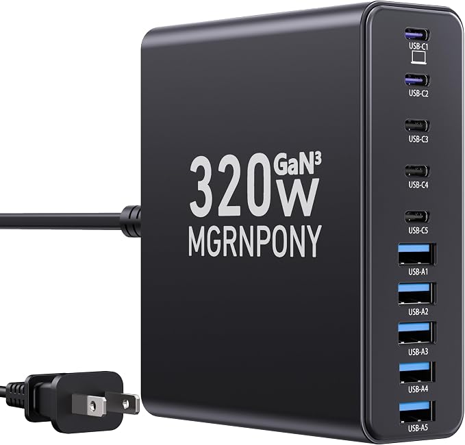 320W USB C Charger Block, 10-Port USB C Charging Station GaN III PD 65W PC by MGRNPONY