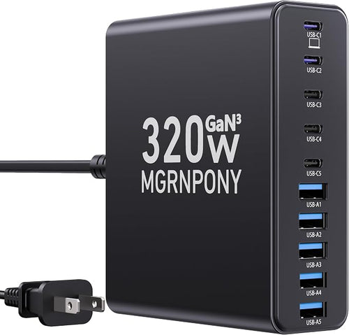 320W USB C Charger Block, 10-Port USB C Charging Station GaN III PD 65W PC by MGRNPONY