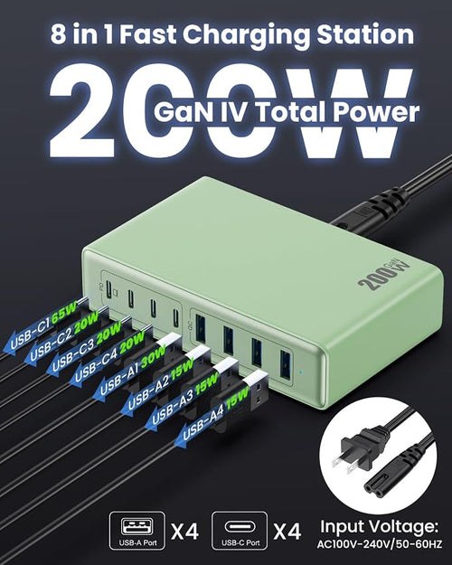 200W USB C Charger Block, GaN IV Charging Station 8 Ports, QC4.0 Fast Charging - Image 2