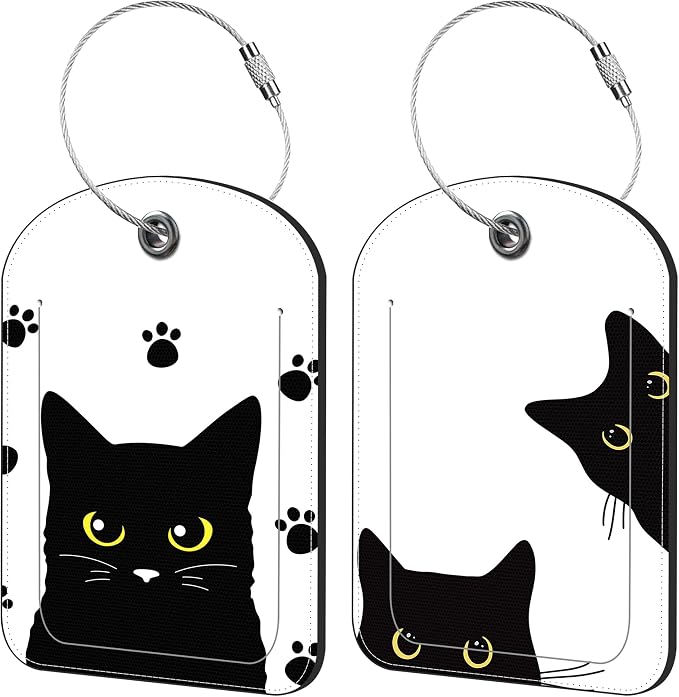Cute Black Cat Luggage Tag for Suitcase Set of 2 PU Leather Cute Luggage Tags by iapodiad