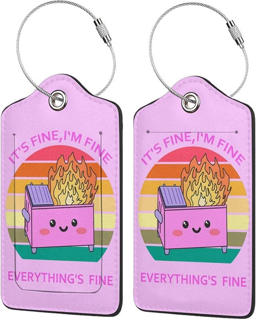 2 Pack Luggage Tags for suitcases Cute Pink Trash on fire I'm Fine It's Fine by Wvpslak