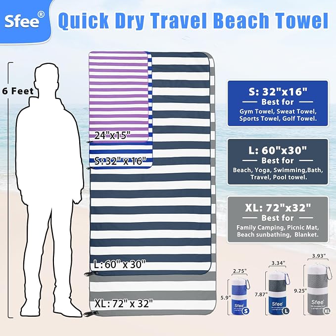Sfee 2 in 1 Microfiber Oversized Beach Towel, Quick Dry Towel Travel Towel - Image 5