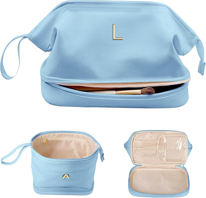 Initial Large Makeup Bag, Gift for Women Personalized Double Layer Cosmetic Bag by Vogewood
