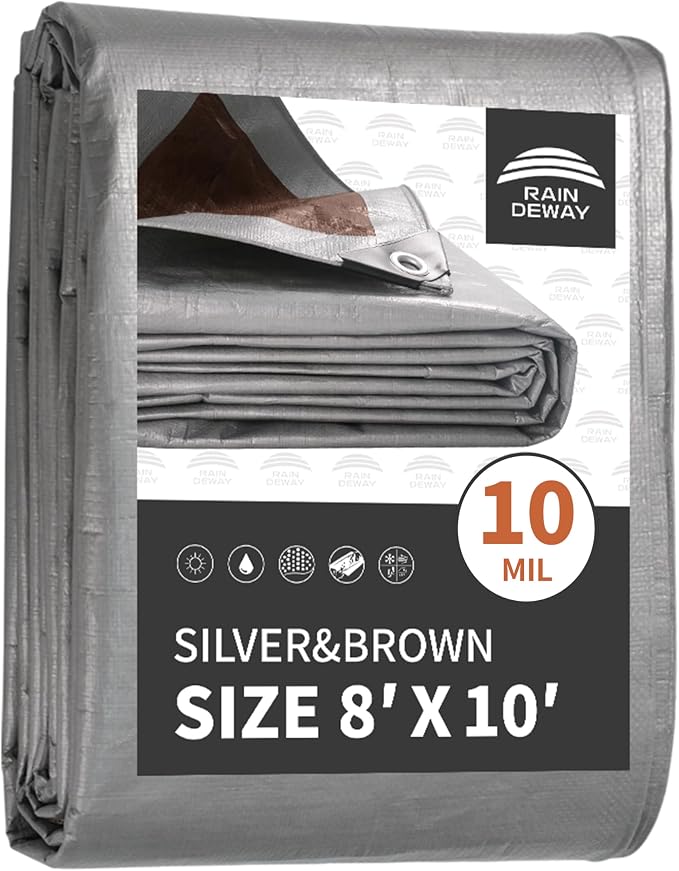 Tarps Heavy Duty Waterproof 8x10 Feet, 10Mil Multipurpose Poly Tarp Cover by RAINDEWAY