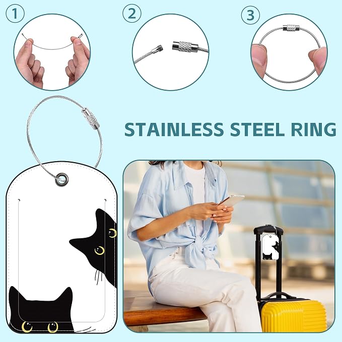 Cute Black Cat Luggage Tag for Suitcase Set of 2 PU Leather Cute Luggage Tags - Image 3