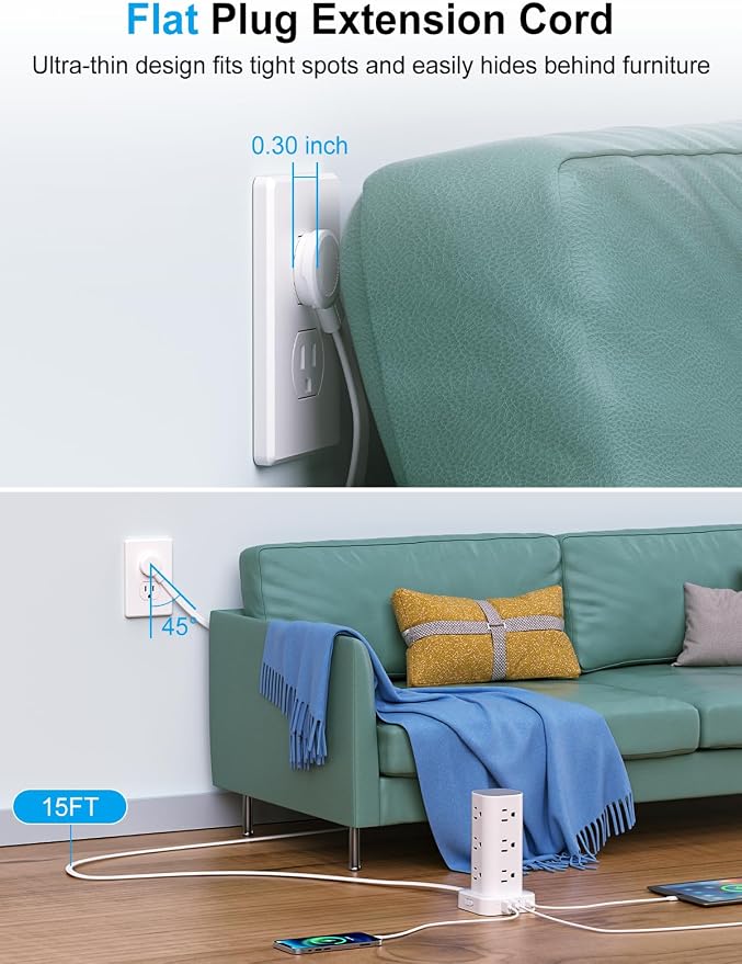 Power Strip Tower with Wireless Charger, Flat Plug Surge Protector Tower with - Image 3