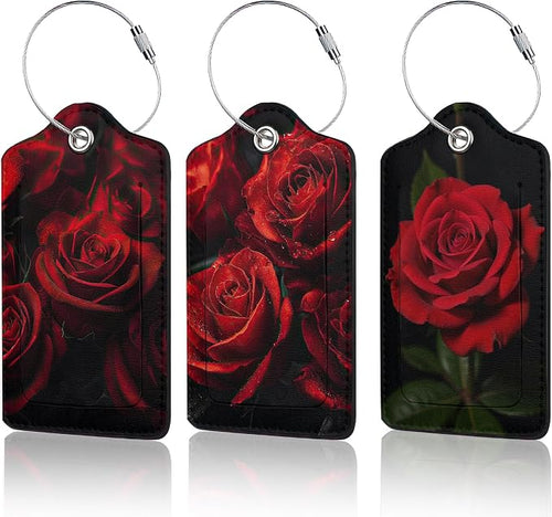 3 Pack Red Rose Luggage Tags for Suitcases, Cute Leather Name Tag by Unknown