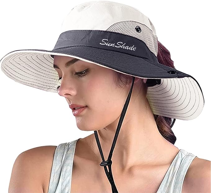 ZOORON Women's Ponytail Safari Sun Hat, Wide Brim UV Protection Outdoor Bucket by ZOORON