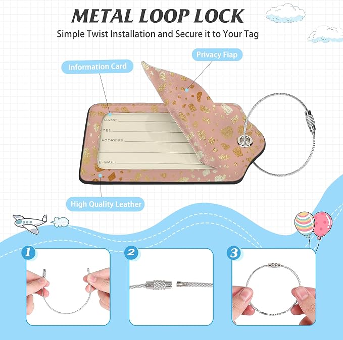 3 Pack Luggage Tag for Suitcase, Glitter Rose Gold Leather Luggage Tags - Image 3