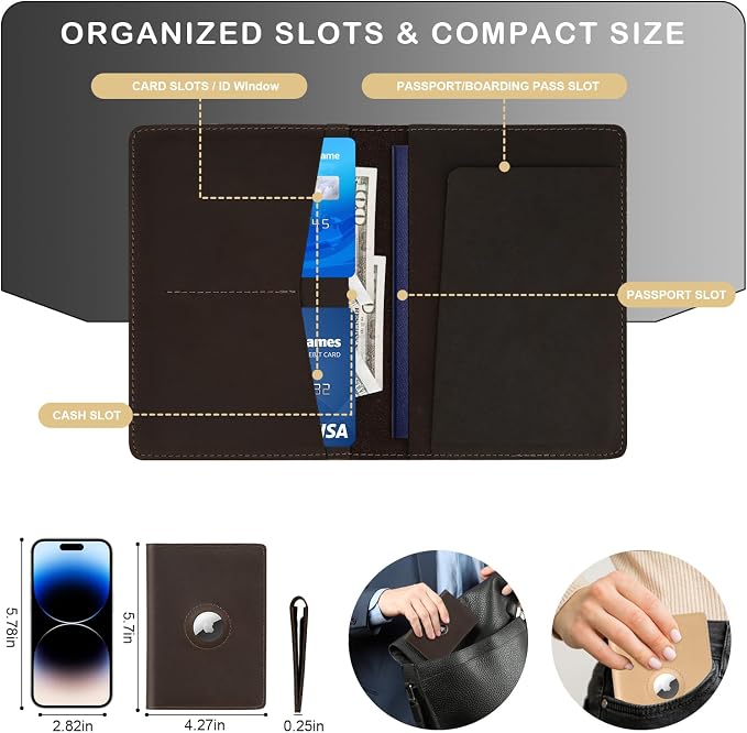 Airtag Passport Holder for Men and Women Travel, Real Leather Passport Wallet - Image 5