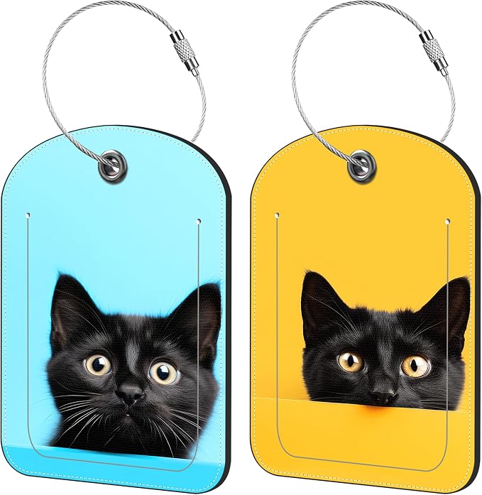 Black Cat Luggage Tag for Suitcase Set of 2 PU Leather Cute Luggage Tags by iapodiad