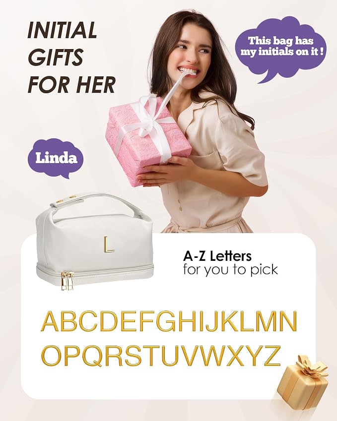 Monogrammed Gift for Women Girls, Initial Makeup Bag, Personalized Double Layer - Image 2