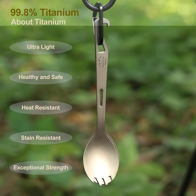 SANTTA Titanium Camping Utensil Set, Titanium Spork, Spoon Fork & Bottle Opener - Image 2
