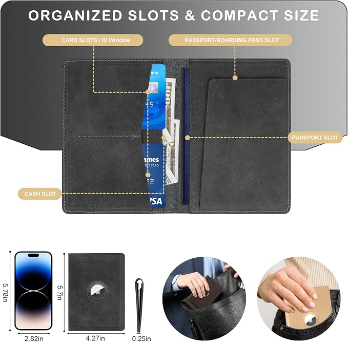 Airtag Passport Holder for Men and Women Travel, Real Leather Passport Wallet - Image 5