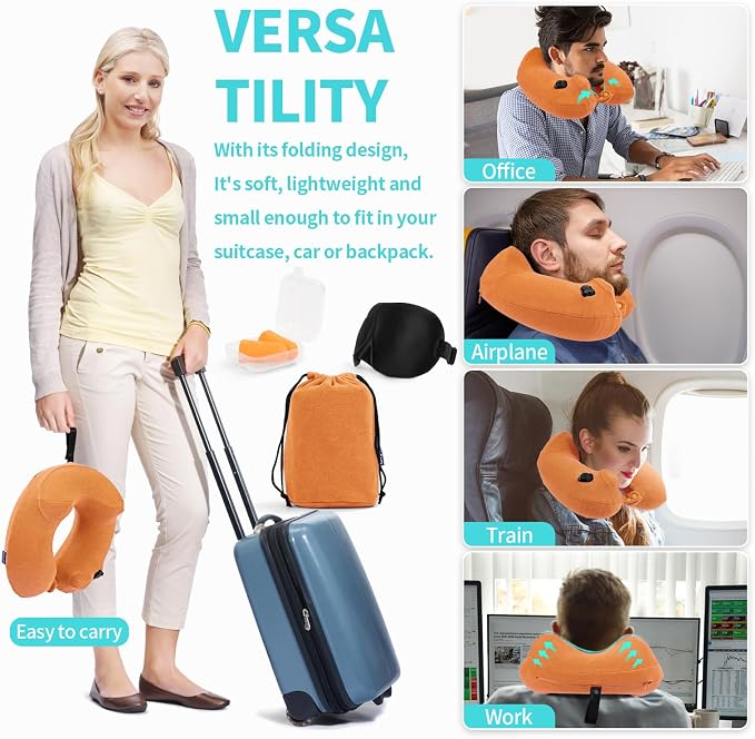 Inflatable Travel Neck Pillow for Airplane, Head Support Velvet Adult Neck - Image 6