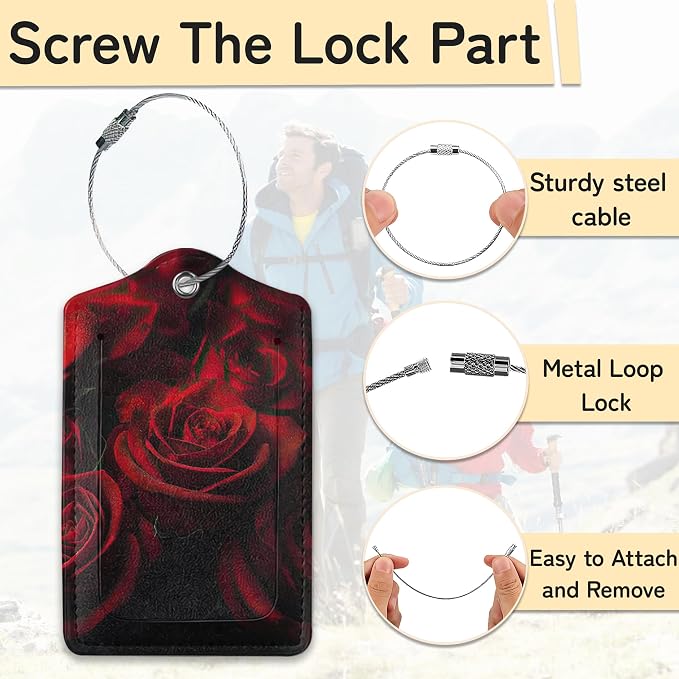 3 Pack Red Rose Luggage Tags for Suitcases, Cute Leather Name Tag - Image 2