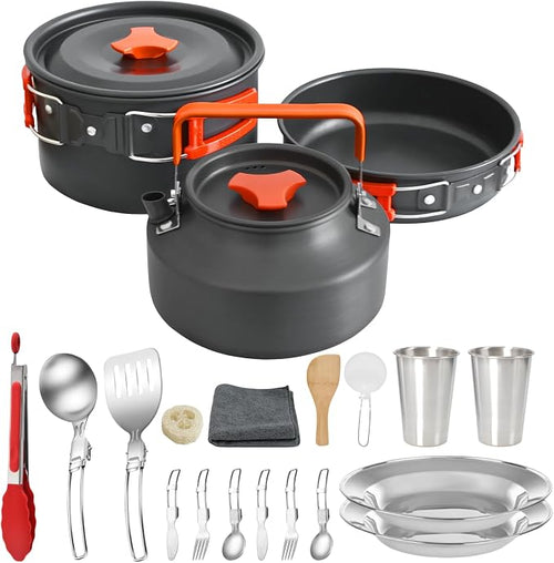 20Pcs Camping Cookware Mess Kit, Non-Stick Lightweight Camping Pots and Pans by JUSFANE