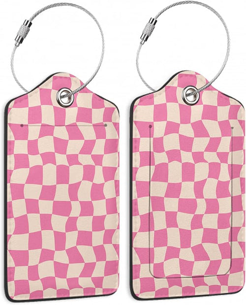 2 Pack Luggage Tag for Suitcase, Groovy Pink Checkerboard Leather Bag Tags by TXIANT