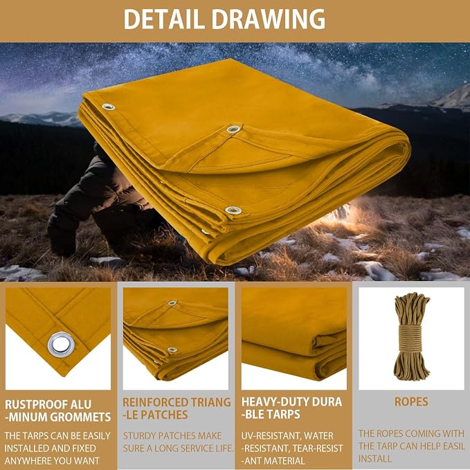 FoundGo 10x12ft Canvas Tarp 22 Mil Tarps 14 oz Canvas Tarpaulin Heavy Duty - Image 6