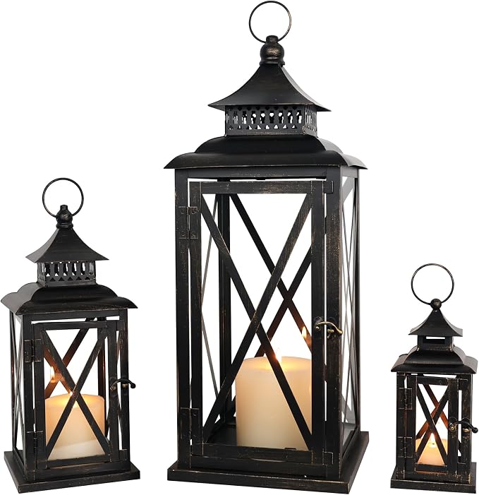DECORKEY 3PCS Lanterns Decorative Indoor & Outdoor, Vintage Metal Frame Candle by DECORKEY