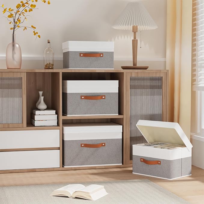 Fabric Storage Bins with Lids, 3 Pack Linen Foldable Cloth Baskets, 15 x 9.8 x - Image 2